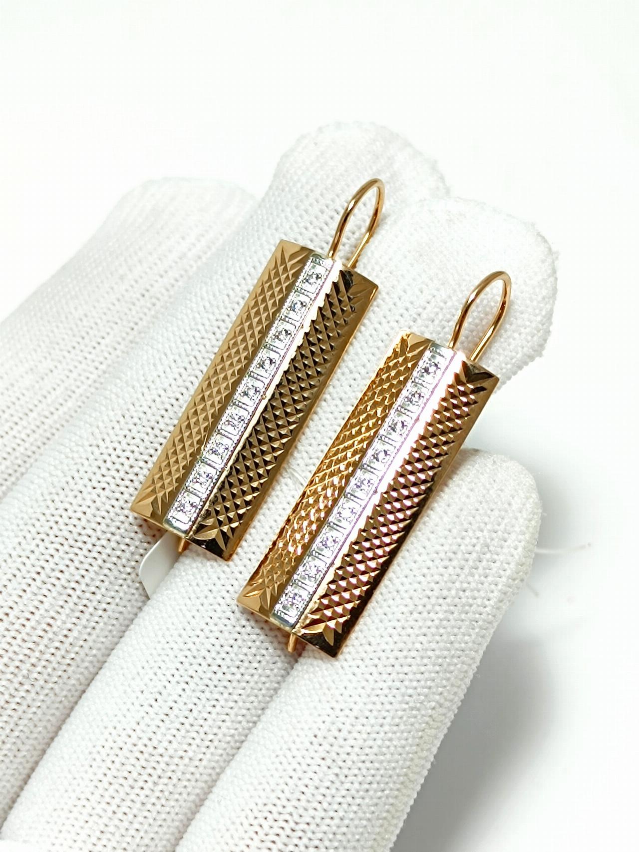 Золотые серьги пластины женские, фианит, французский замок, вес 4,34 г