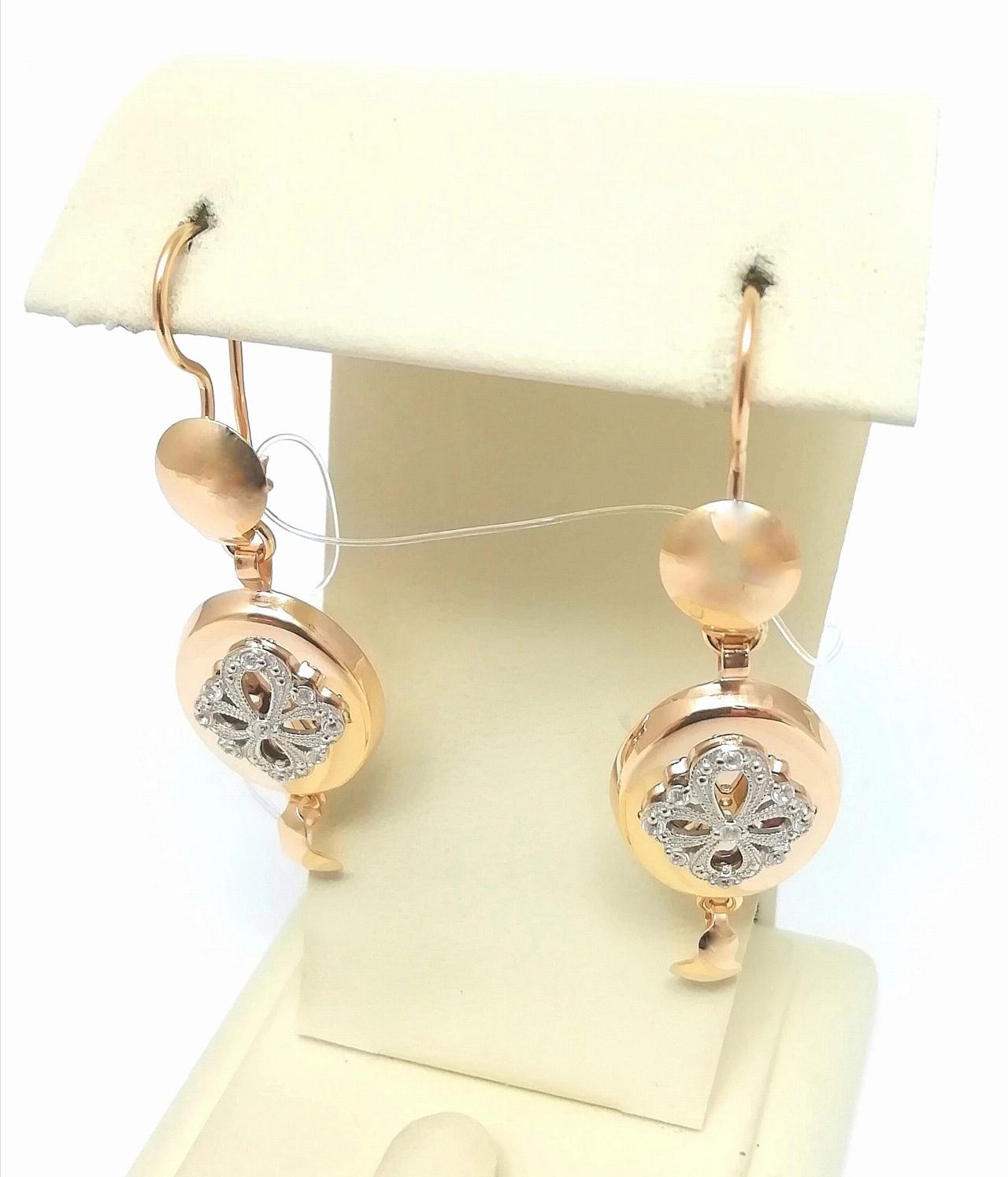 Золотые серьги женские самовары, фианит, французский замок, вес 5,45 г