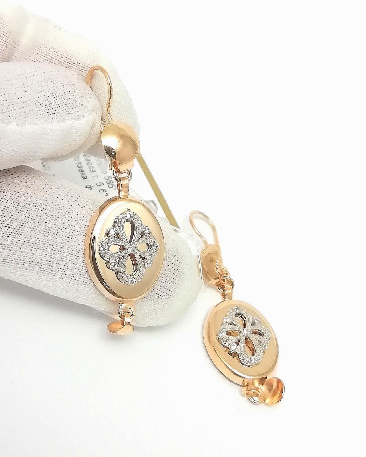 Золотые серьги женские самовары, фианит, французский замок, вес 5,45 г