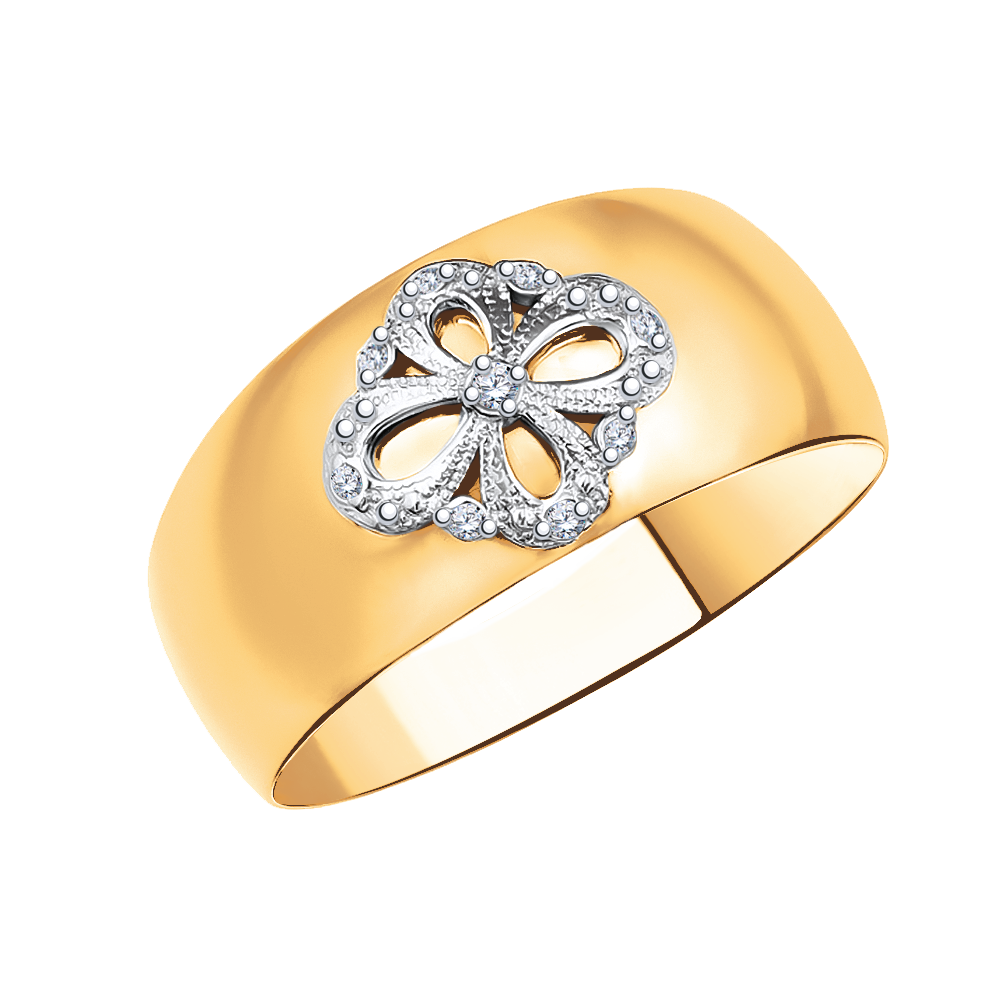 Золотое кольцо широкое, вставка фианит