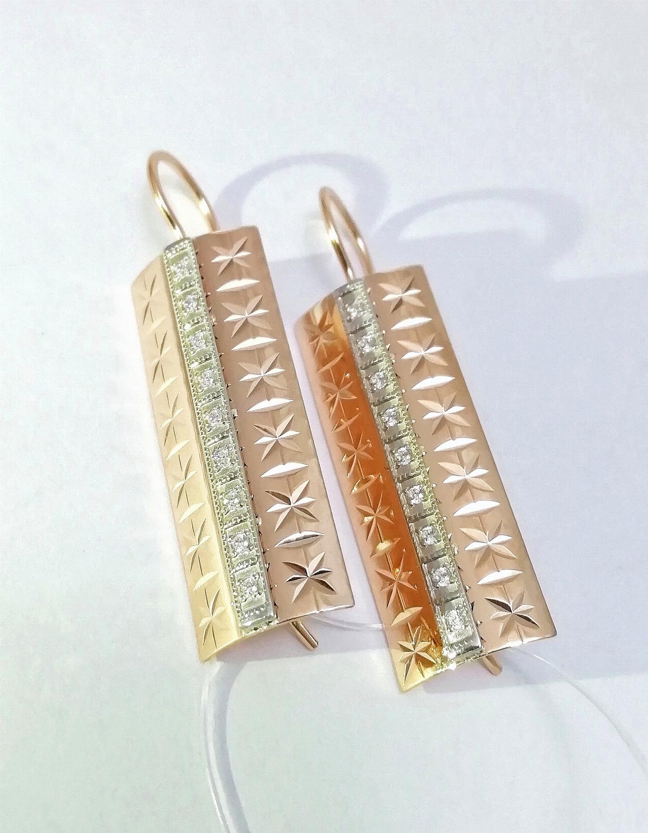 Золотые серьги пластины женские, алмазная грань, фианит, французский замок, вес 4,42 г