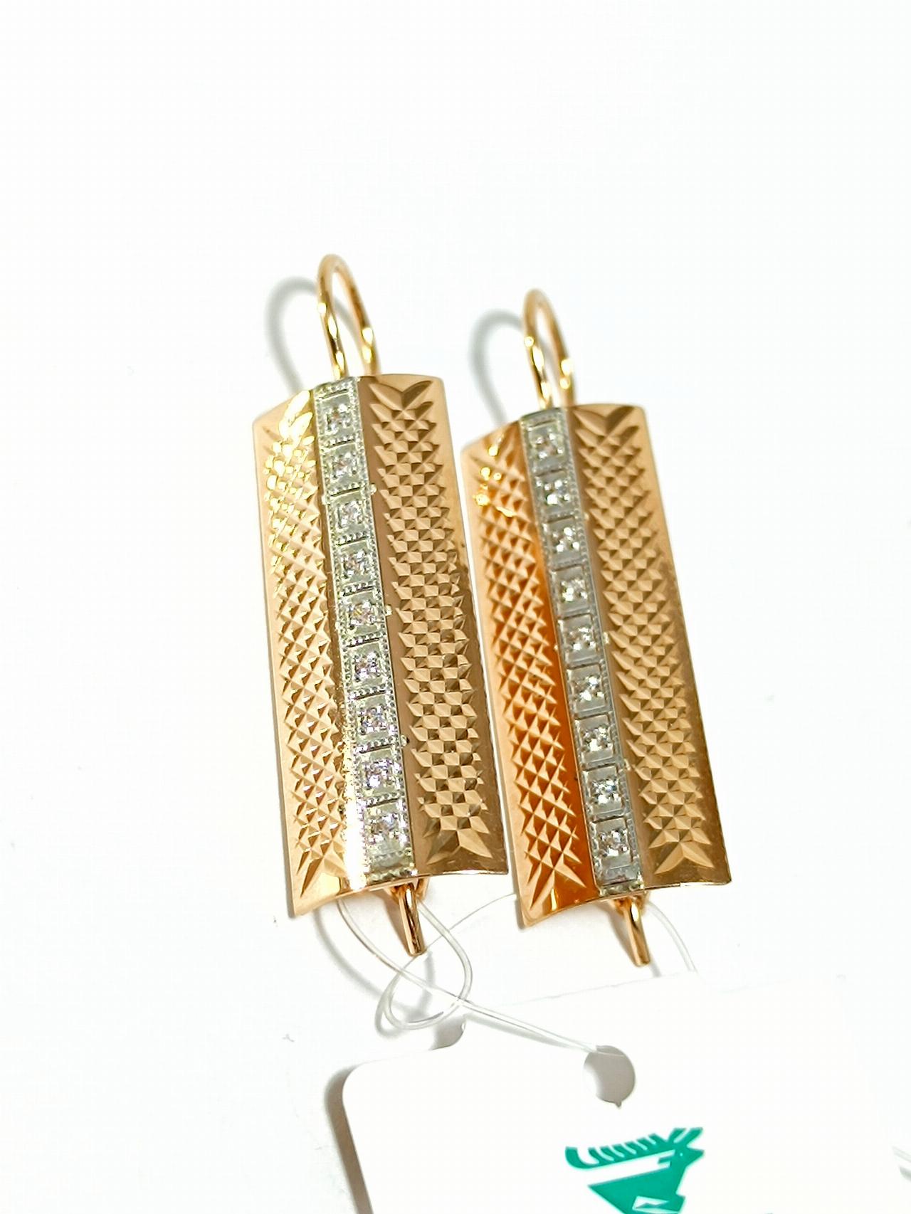 Золотые серьги пластины женские, алмазная грань, фианит, французский замок, вес 4,35 г