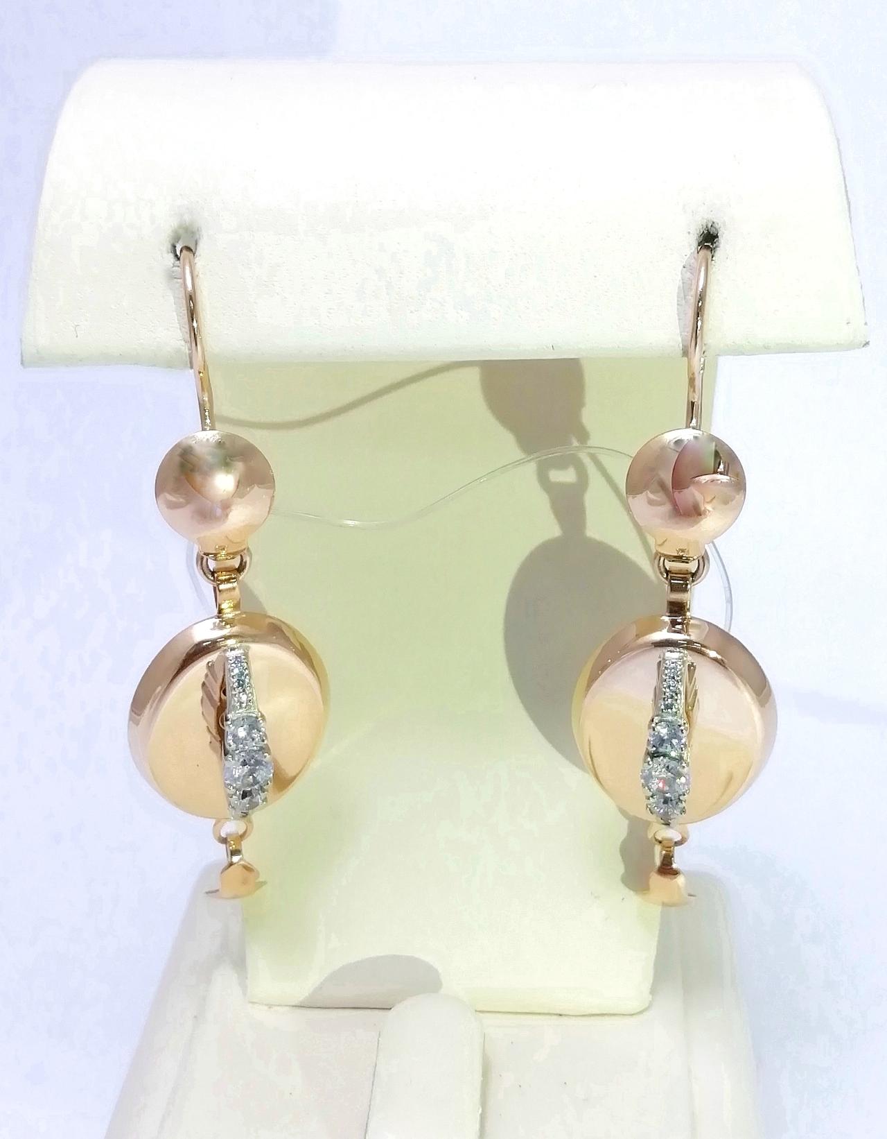 Золотые серьги женские самовары, фианит, французский замок, вес 5,95 г